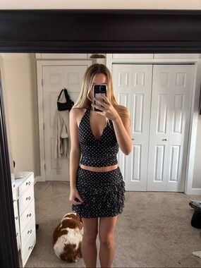 Black Polka Dot Halter Top & Ruffled Mini Skirt Set